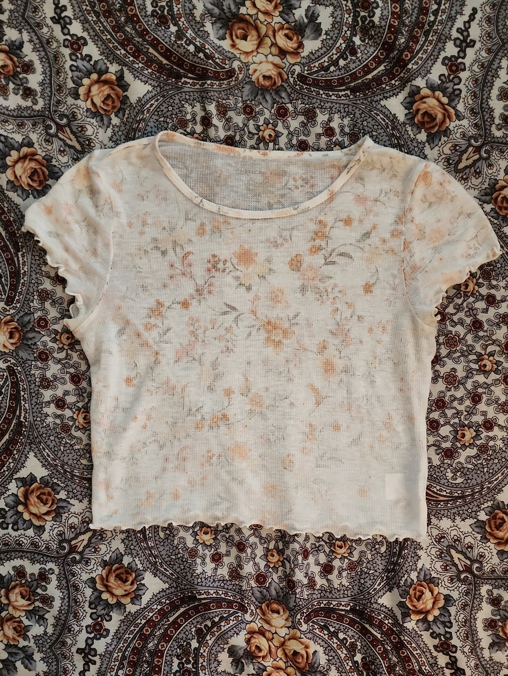 American Eagle White & Orange Floral Lettuce-edge Crop Top – Size M